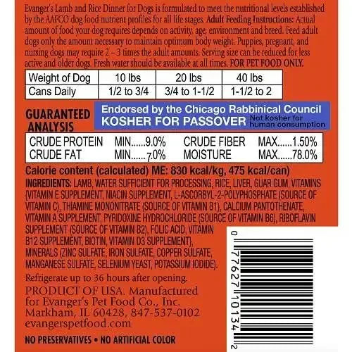 Evanger's Heritage Classic Lamb & Rice Dinner Canned Dog Food 12.8 oz, case of 12 Evanger's