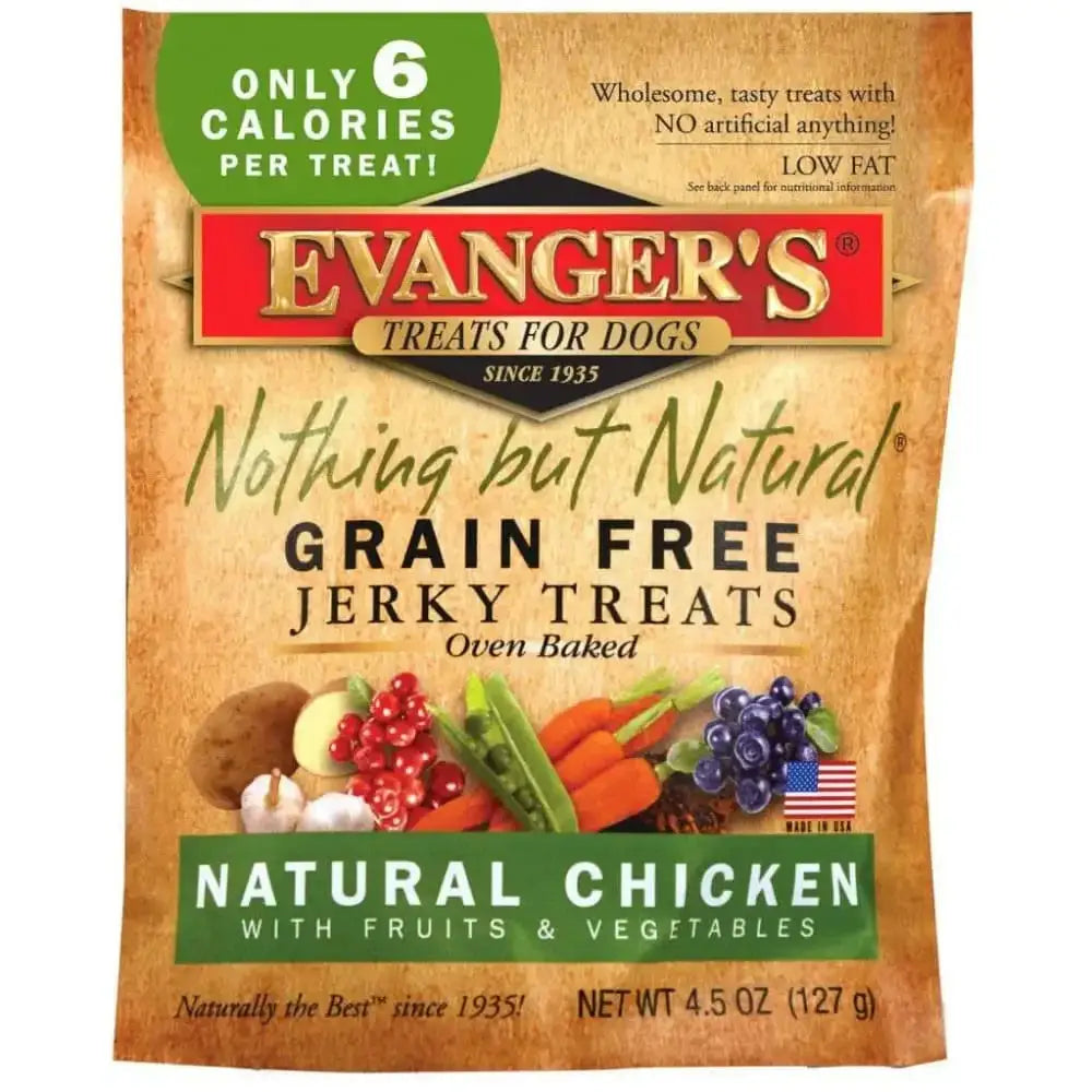 Evanger’s Nothing But Natural Organic Chicken Jerky Dog Treats (4.5 oz) are oven-baked, grain-free treats made with organic chicken, fruits, and veggies. Each low-fat treat has only 6 calories.