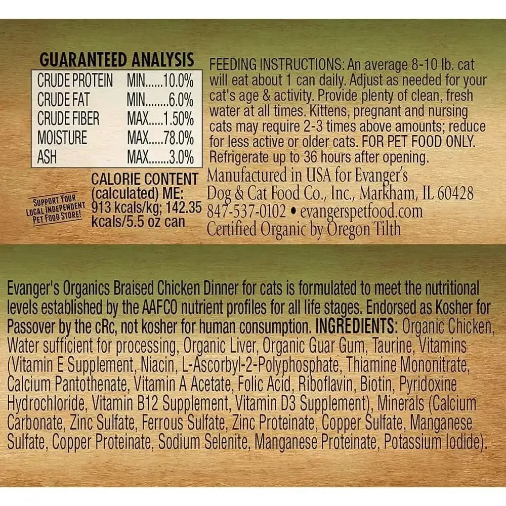 Evanger's Organics Braised Chicken Dinner Canned Cat Food 24/5.5oz - Talis Us