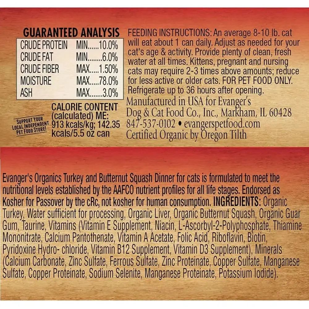Evanger's Organics Turkey & Butternut Squash Dinner Canned Cat Food Evanger's