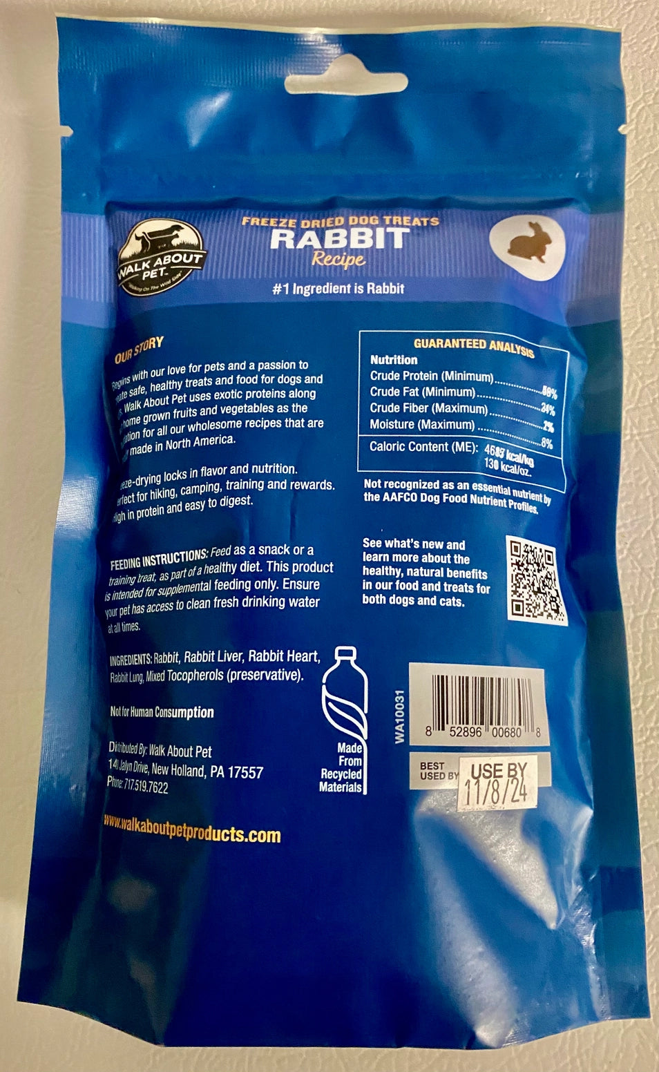 Back of Walk About Pet Rabbit Freeze Dried Dog Treats bag showing ingredients and nutrition facts.