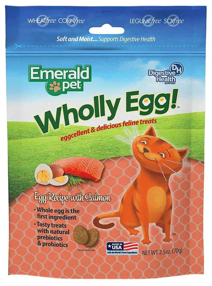 Emerald Pet Wholly Egg cat treats in a 2.5-ounce bag featuring an egg and salmon recipe.