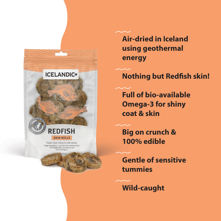 Bag of Icelandic+ Redfish Skin Rolls dog treats with product benefits on an orange background.