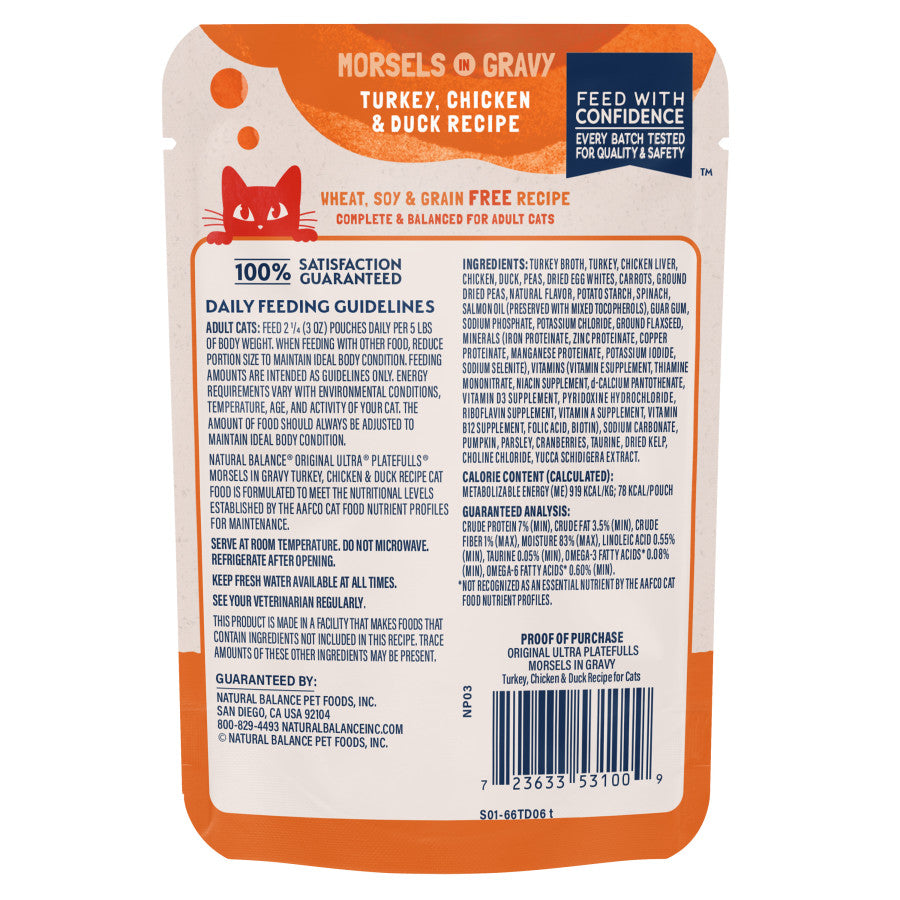 Talis Us Natural Balance Cat Wet Food Platefulls Turkey Chicken & Duck Formula in Gravy, 3 oz, 24 pack, back packaging.