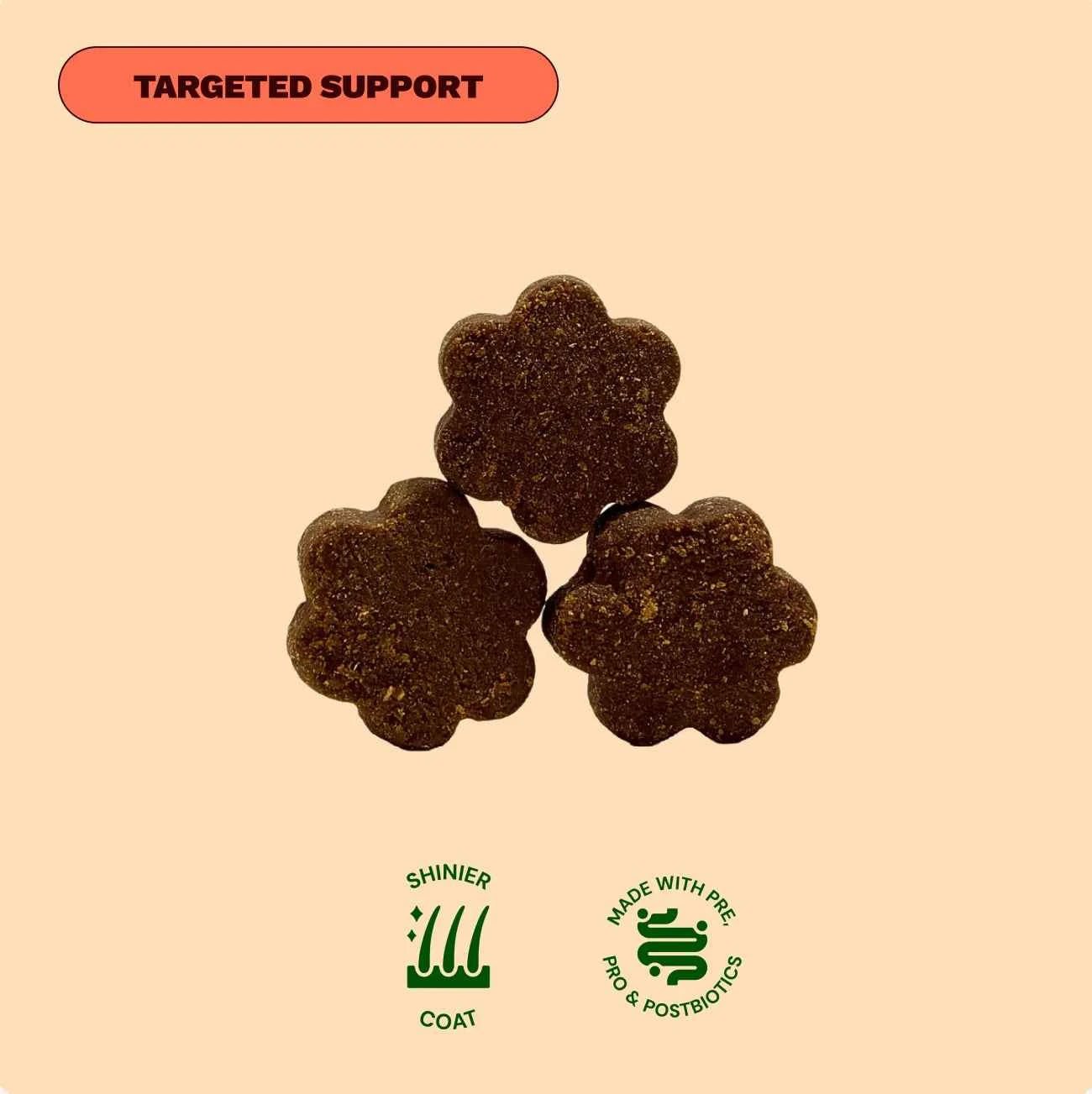 Three flower-shaped brown dog supplements with icons for shinier coat and pre, pro, & postbiotics.
