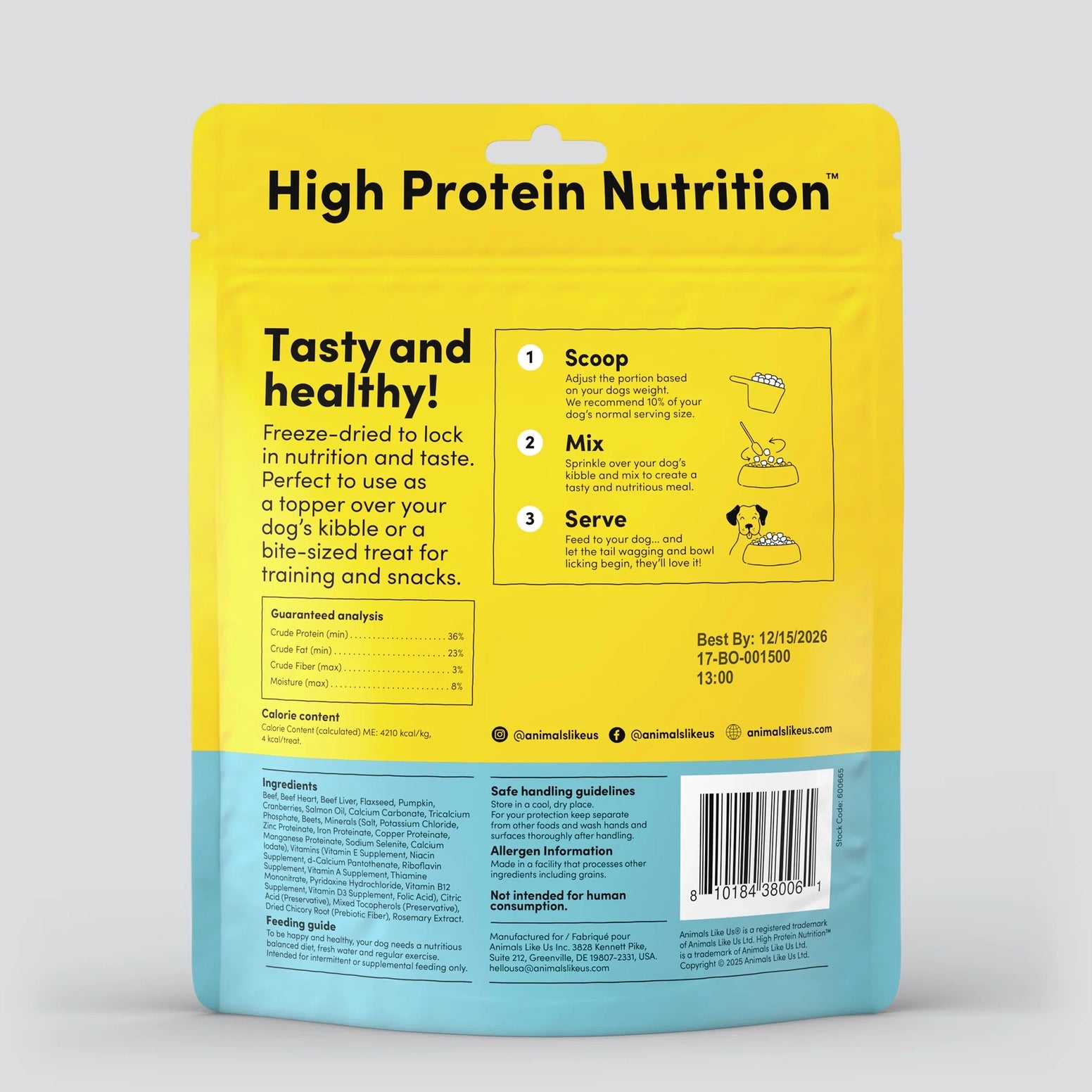 Yellow and blue pouch with feeding instructions and nutrition details for freeze-dried beef dog food topper