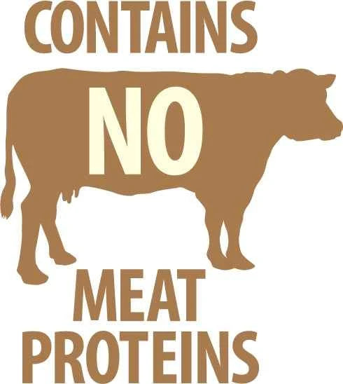 A brown cow silhouette with the text CONTAINS NO MEAT PROTEINS in a bold, sans-serif font.
