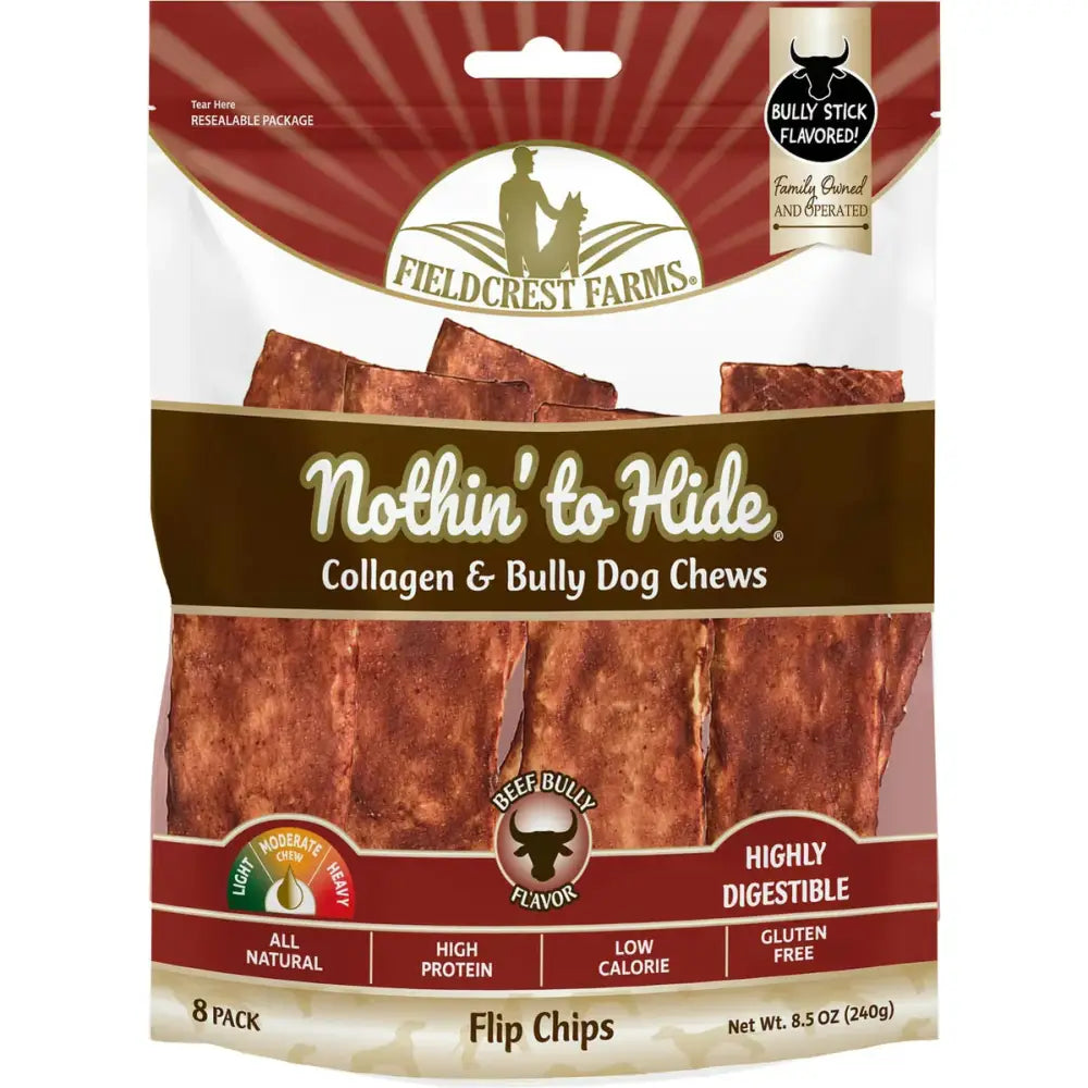 Fieldcrest Farms Nothin' to Hide dog treats in Flip Chips packaging with beef bully flavor