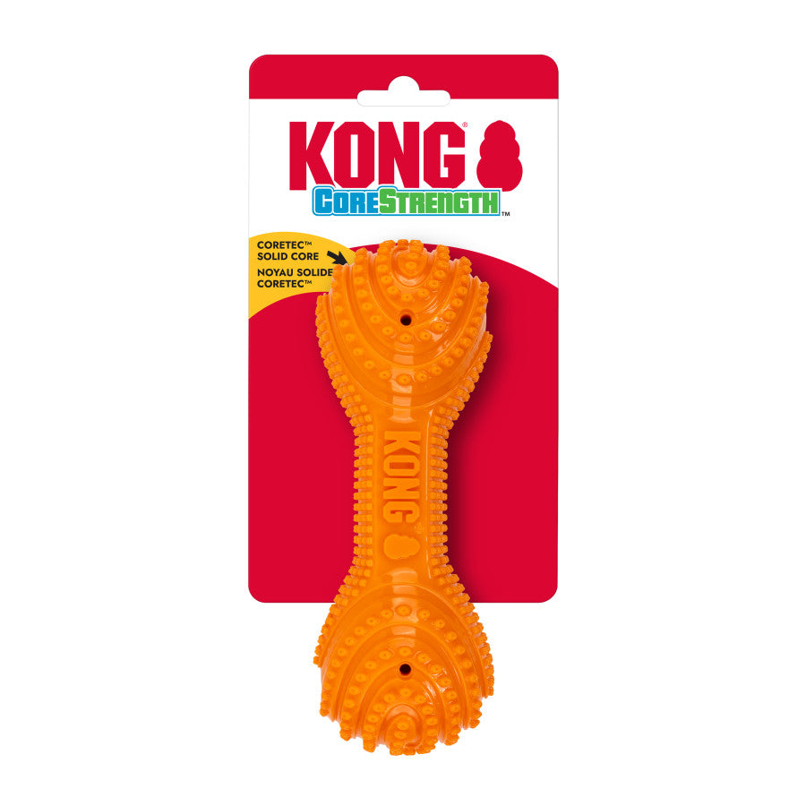 KONG Corestrength Dumbbell Dog Toy in bright orange, featuring textured surfaces for durability and active play.