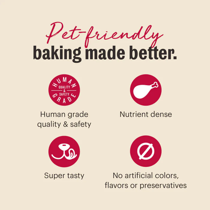 Infographic for pet-friendly baking: human grade, nutrient dense, super tasty, and no artificials.
