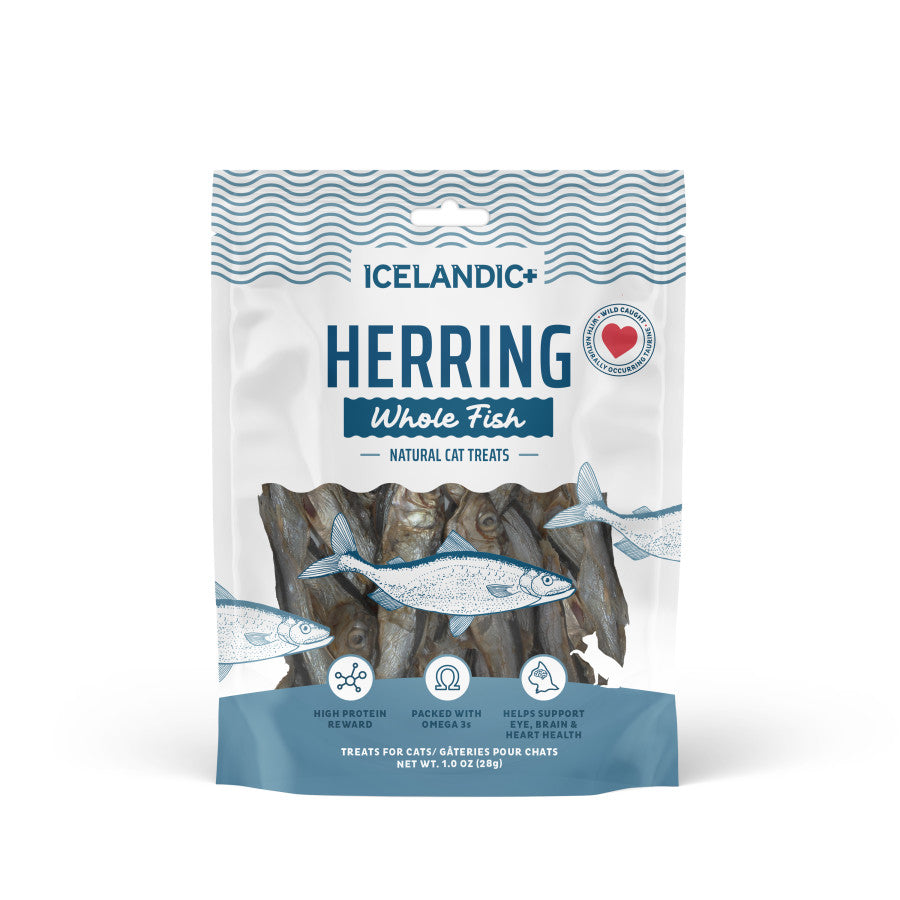 Icelandic+ Whole Fish Herring cat treats in a 1.0 oz resealable bag with air-dried whole fish.