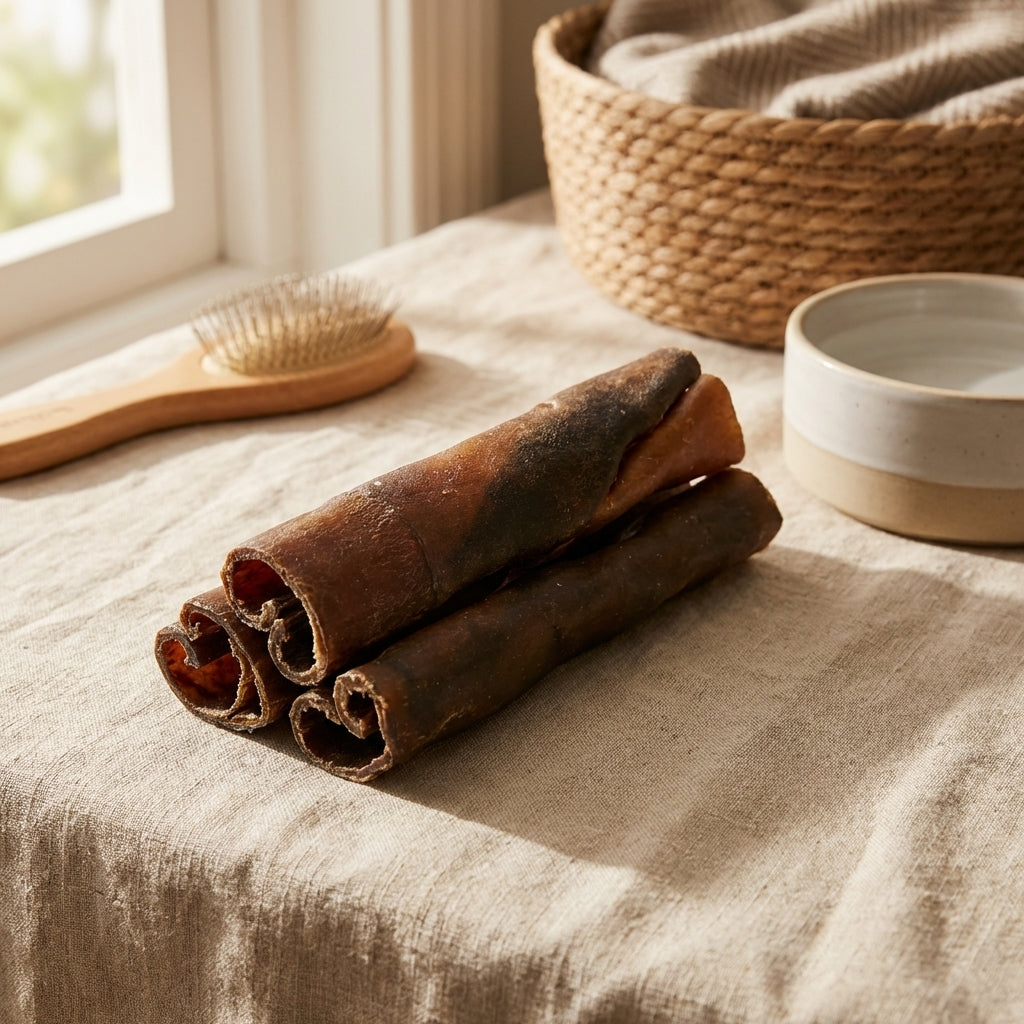 Full-body scene of a small camel skin dog chew on a neutral fabric, in a cozy grooming setting with natural warm lighting.