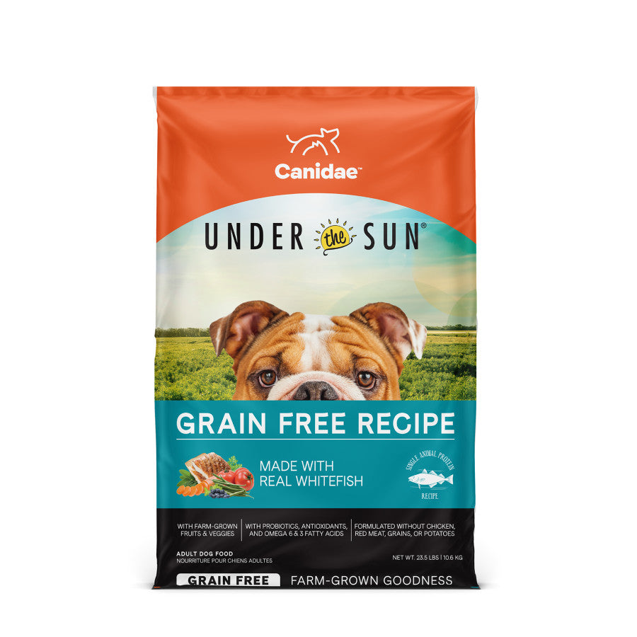 Talis Us CANIDAE Grain-Free Whitefish Dog Food, 23.5 lb bag featuring a dog on the front, highlighting real whitefish ingredi