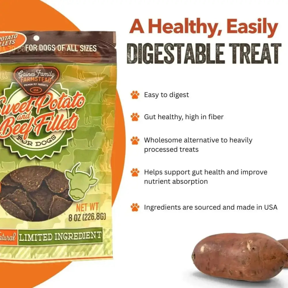 Gaines Family Farmstead Sweet Potato & Beef Fillets Grain - Free Dog Treats 8oz - Talis Us
