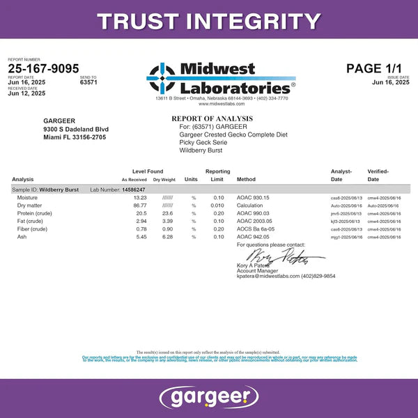 Gargeer Crested Gecko Food analysis report showcasing nutritional content and feeding guidelines