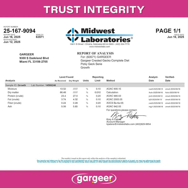Gargeer Crested Gecko Food Analysis Report with Nutritional Breakdown and Quality Assurance