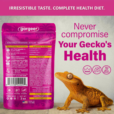 Gargeer crested gecko food in a pink package, with feeding instructions and a gecko image
