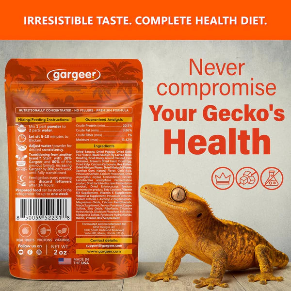 Gargeer crested gecko food bag with clear feeding instructions and health benefits for reptiles