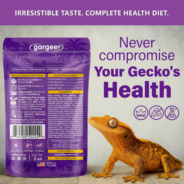 Gargeer Crested Gecko Food in a purple bag with feeding instructions and nutritional analysis details