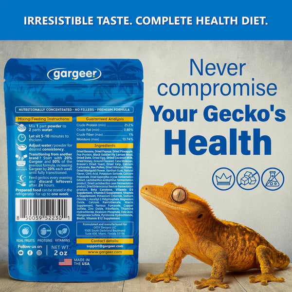 Gargeer crested gecko food package with feeding instructions and nutritional benefits for optimal health
