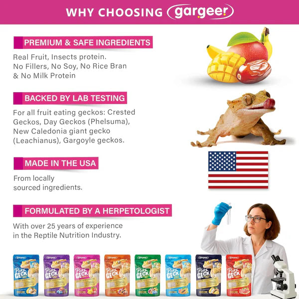 Gargeer crested gecko food with real fruit ingredients and lab-tested formulation for healthy reptiles