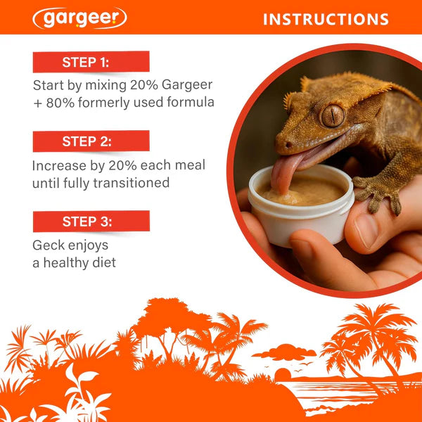 Gargeer crested gecko food instruction graphic showing mixing guidelines for a healthy diet