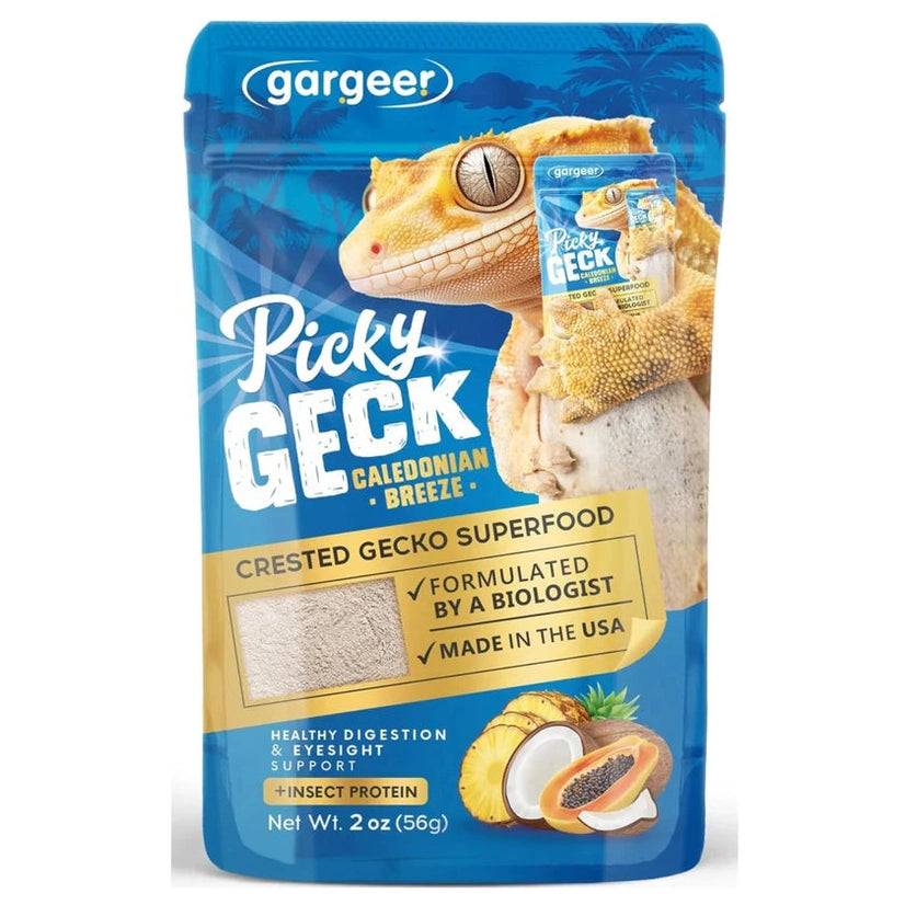 Gargeer Crested Gecko Food in 2 oz pouch, designed for healthy digestion and eyes, made in the USA