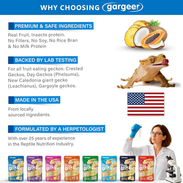 Gargeer crested gecko food packaging featuring natural ingredients and lab-tested nutrition