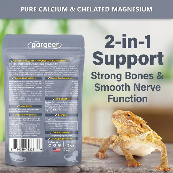 Gargeer magnesium and calcium supplement for reptiles in a 3 oz pouch, promoting strong bones and smooth nerve function