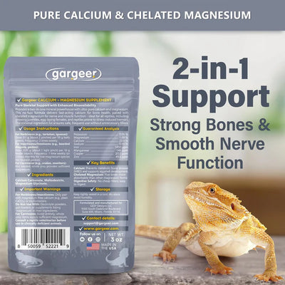 Gargeer magnesium and calcium supplement for reptiles in a 3 oz pouch, promoting strong bones and smooth nerve function