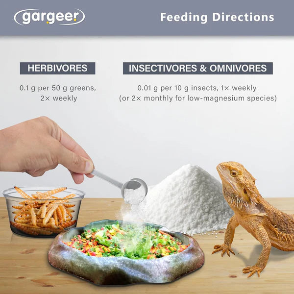Feeding directions for Gargeer magnesium and calcium supplement for reptiles with examples for herbivores and insectivores