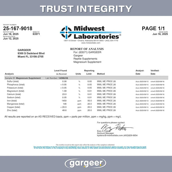 Gargeer magnesium and calcium supplement for reptiles analysis report detailing nutritional content