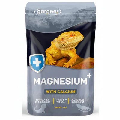 Gargeer magnesium and calcium supplement for reptiles in a 3 oz package featuring a bearded dragon