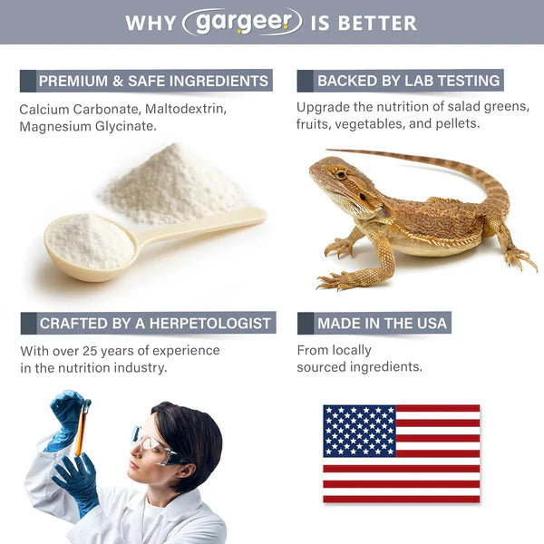 Gargeer magnesium and calcium supplement for reptiles in a spoon with reptile and nutrition details