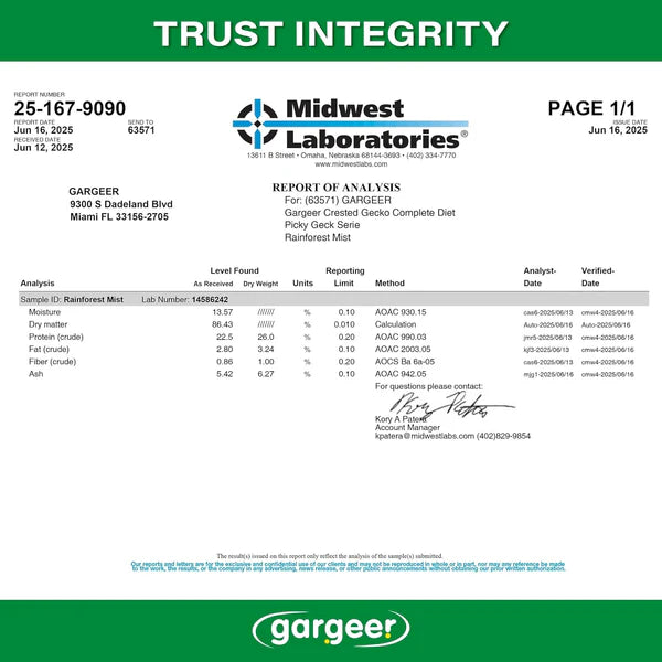 Gargeer premium crested gecko food analysis report showcasing nutritional values and ingredients