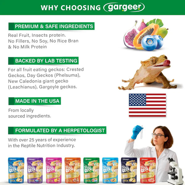 Gargeer premium crested gecko food with natural ingredients, lab tested for all fruit-eating geckos
