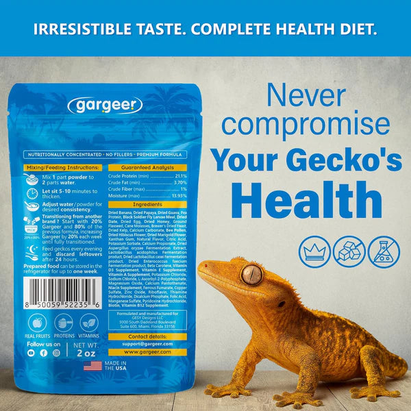 Gargeer premium crested gecko food packaging with nutritional information for healthy reptiles