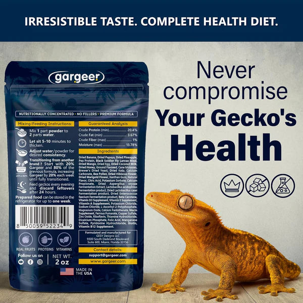 Gargeer Premium Crested Gecko Food package featuring nutritional details for healthy reptiles