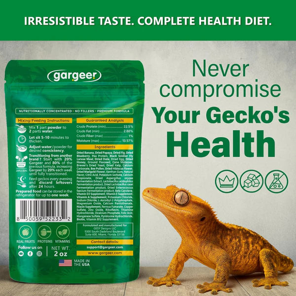 Gargeer premium crested gecko food packaging showcasing nutritional benefits and feeding instructions