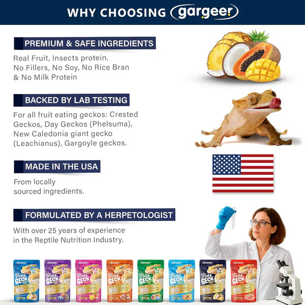 Gargeer premium crested gecko food featuring real fruit and insects, formulated by a herpetologist