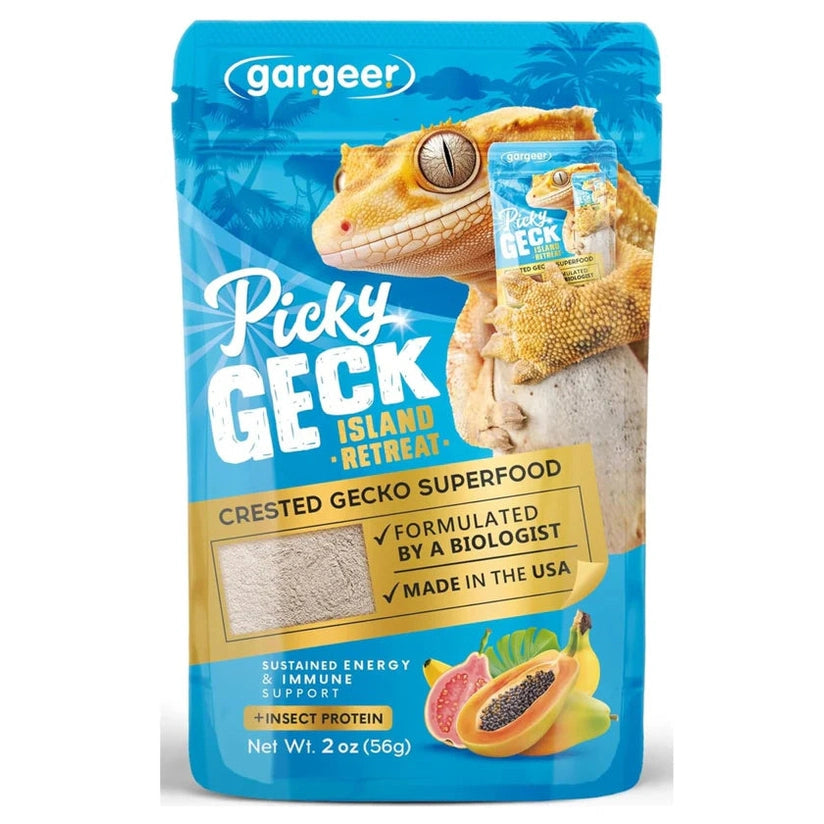 Gargeer premium crested gecko food in a 2 oz pouch with a gecko graphic and dietary benefits listed