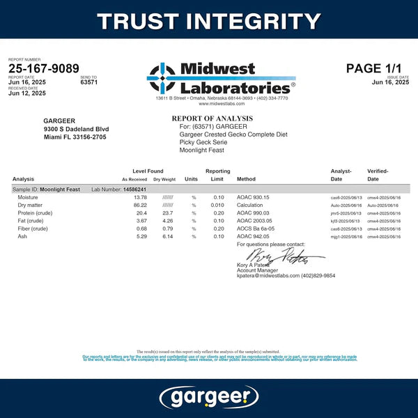 Gargeer premium crested gecko food analysis report showcasing nutritional values and quality assurance