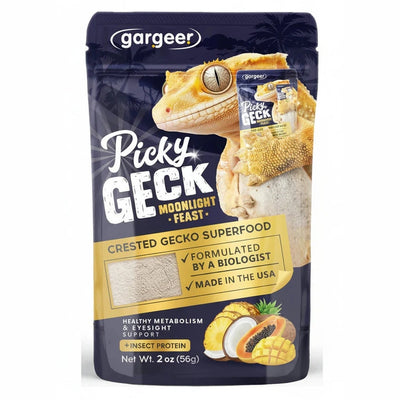 Gargeer premium crested gecko food in a 2 oz pouch with a gecko graphic for healthy nutrition