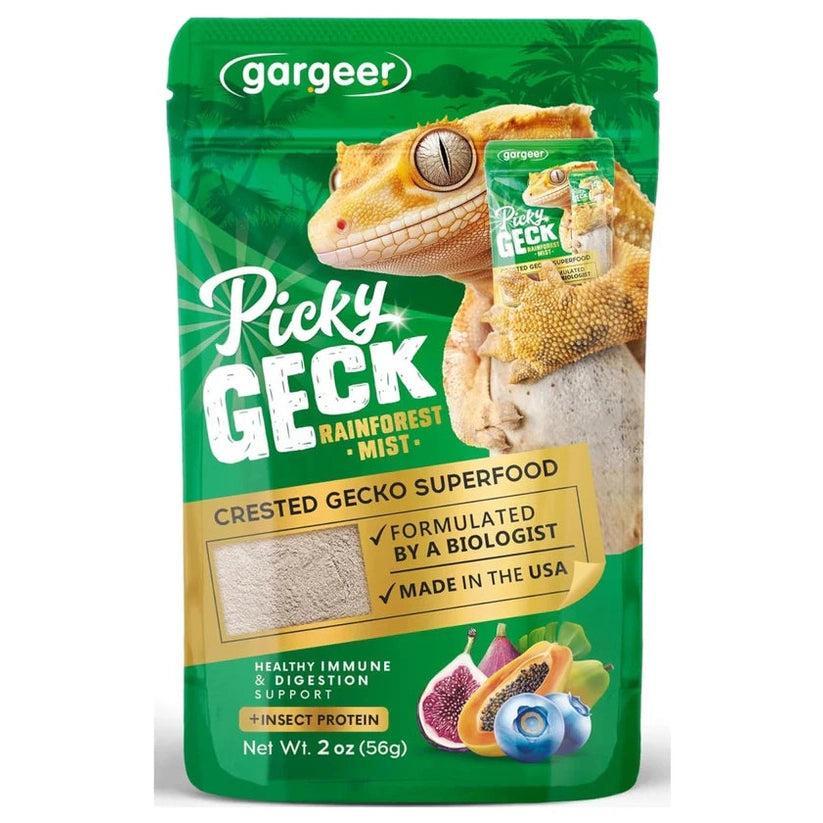 Gargeer premium crested gecko food in a 2 oz pouch with labeled ingredients for healthy digestion