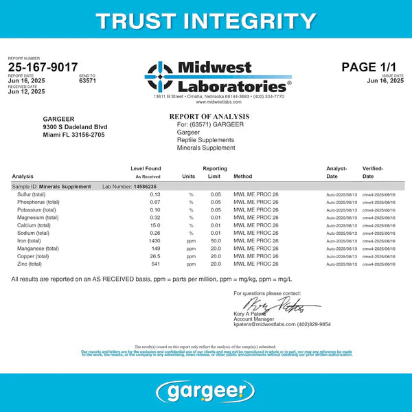 Gargeer Reptile Mineral Supplement Analysis Report with Detailed Nutrient Composition