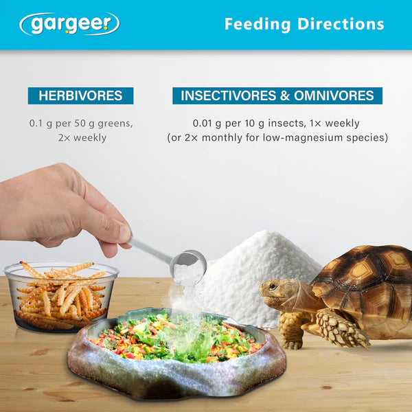 Feeding directions for Gargeer reptile mineral supplement with dosage for herbivores and insects