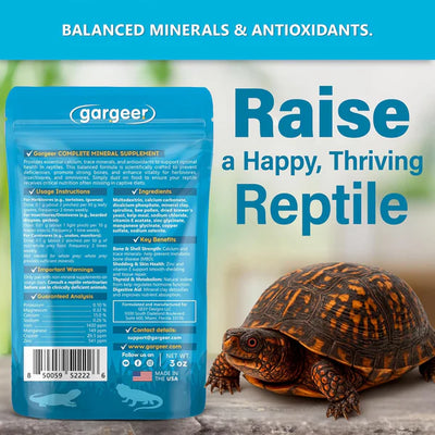 Gargeer reptile mineral supplement bag with instructions and turtle, promoting balanced minerals for reptiles