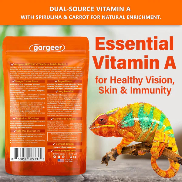 Gargeer vitamin A supplement for reptiles in orange packaging with chameleon for healthy vision and immunity
