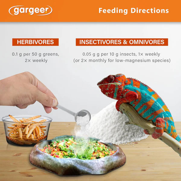 Gargeer vitamin A supplement for reptiles feeding directions with a chameleon and food portions