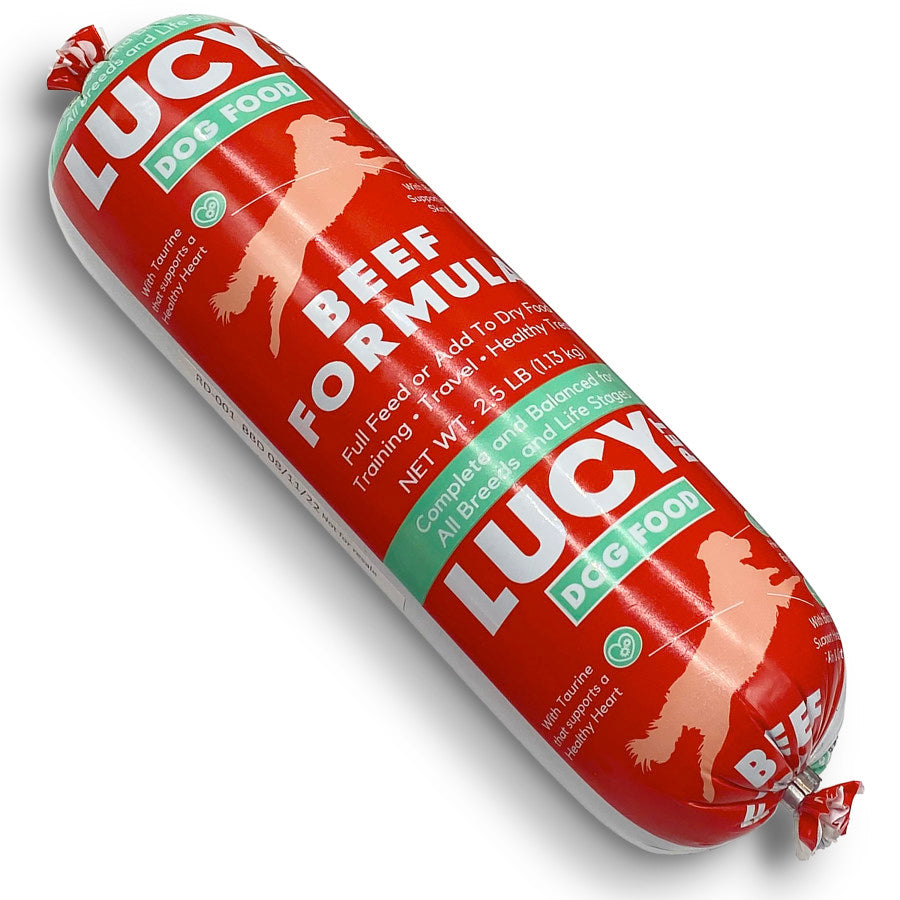 Talis Us Lucy Pet Products Dog Food Roll Beef - Premium Beef Formula in red packaging, 1.5 lb size for healthy dogs.